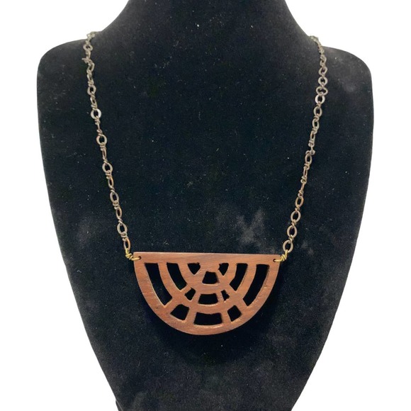 Azteca Semicircle Necklace Geometric Wood - Picture 2 of 4